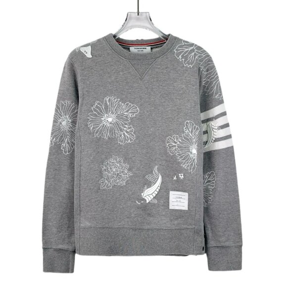 Thom Browne Grey Floral Embroidered Cotton Sweatshirt With Four-Bar Detail & Rib - Picture 1 of 7